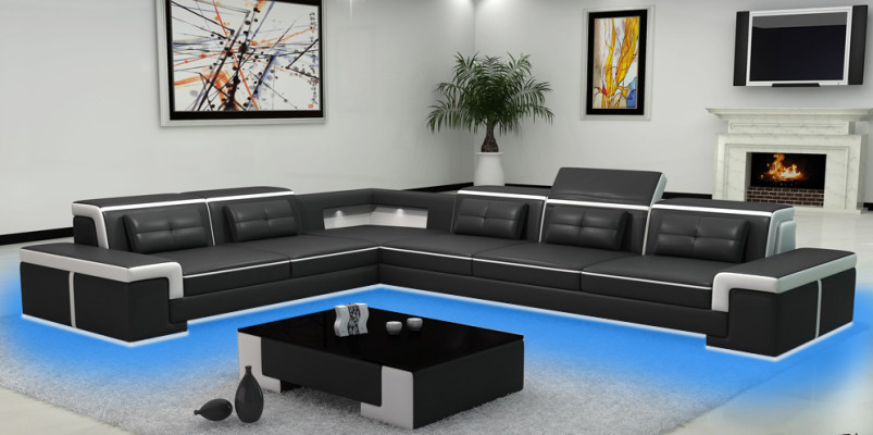 Canapé d'angle moderne en cuir avec rembourrage, design de canapé salon avec paysage vivant