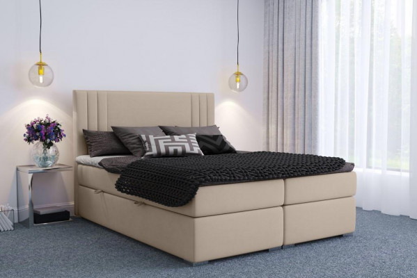 Lit Boxspring Hôtel Double Beige Textile Lits de Luxe Rembourrage Fonction du Sommier