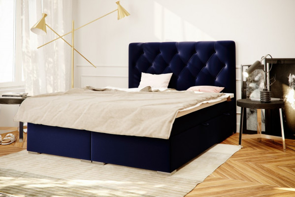 Boxspring Bed Hotel Double Bleu Textile Lits de Luxe Mobilier Lit Fonction Base de Lit Rembourré