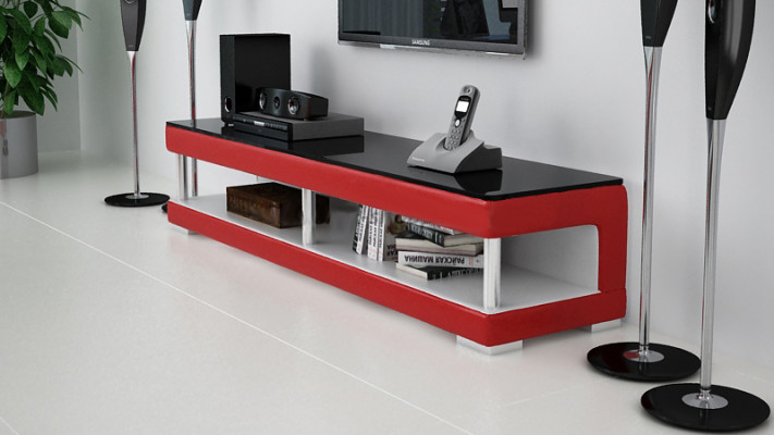 Meuble à télévision, bahut en cuir en verre, table de télévision, armoire de télévision, table basse Mo.C.
