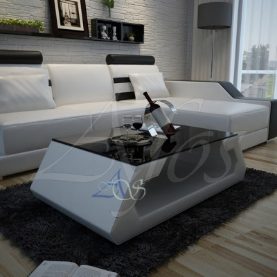 Table basse design, table rembourrée en cuir et verre moderne (Hambourg)