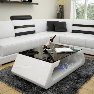 Table basse design, table rembourrée en cuir et verre moderne (Hambourg)