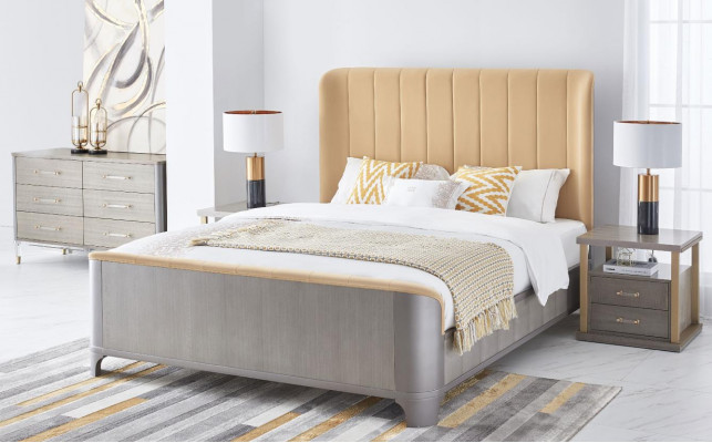 Lit Table de chevet 4 pièces. Ensemble de chambre à coucher Design Moderne Lits de Luxe en Groupe en Cuir