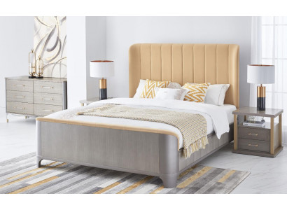 Lit Table de chevet 4 pièces. Ensemble de chambre à coucher Design Moderne Lits de Luxe en Groupe en Cuir