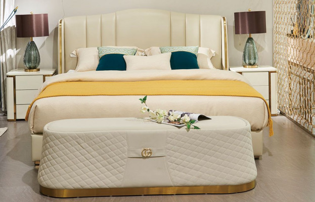Lit Lit rembourré Lit de luxe Design de chambre à coucher Lits Textile Cadre de lit en cuir