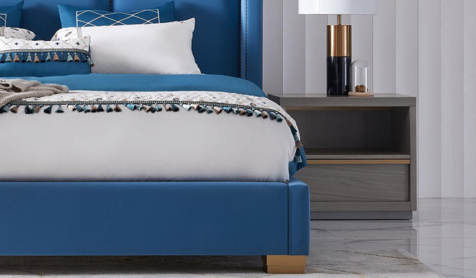 Chambre design Lit de luxe 180x200 Cadre de lit en tissu Lit double Bleu