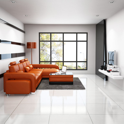 Canapé en cuir Canapé Paysage de vie Canapé d'angle Suite d'angle Canapé design USB Orange nouveau