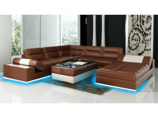 Canapé d'angle en cuir Canapé d'angle + Suite USB Rembourrage en forme de U Canapé design Paysage de vie