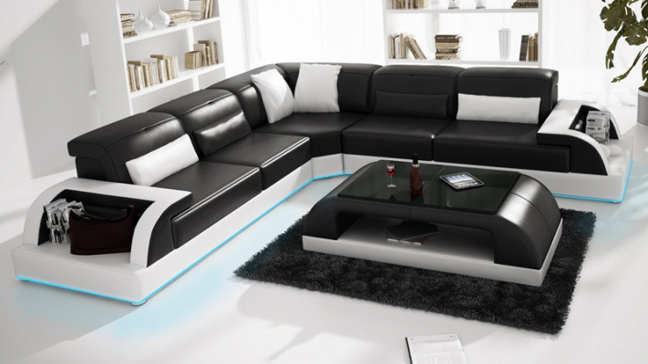 Canapé en cuir Canapé d'angle paysage de vie Coin canapé Suite d'angle Design Canapé moderne USB Blanc