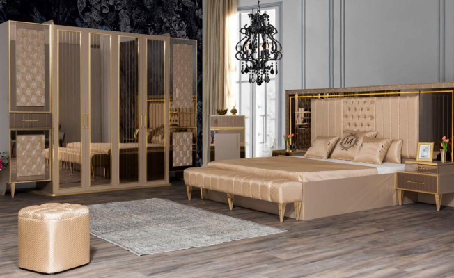 Meubles de chambre lit double avec tables de chevet dressing pouf dans un design premium exquis