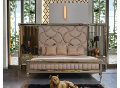 Lit double avec deux tables de chevet dans un design de luxe de haute qualité en beige avec des éléments dorés