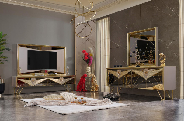 Ensembles de sièges Armoire Armoire Commode Commode de télévision dans un design exquis avec des éléments dorés