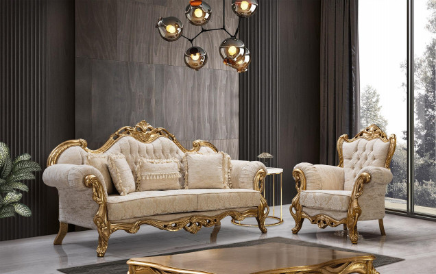 Canapé et fauteuil Chesterfield en beige dans un design de luxe de haute qualité