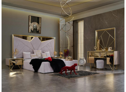 Ensemble de chambre Lit Tables de chevet Coiffeuse avec miroir de style italien élégant en couleur blanche