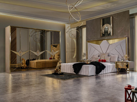 Expérience glamoureuse dans la chambre à coucher avec un ensemble de meubles de luxe aux nuances dorées détaillées.
