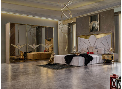 Expérience glamoureuse dans la chambre à coucher avec un ensemble de meubles de luxe aux nuances dorées détaillées.