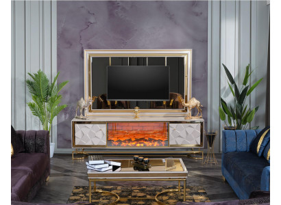 Cadre de cheminée murale pour télévision avec ensemble de table basse dans un design premium élégant en acier inoxydable