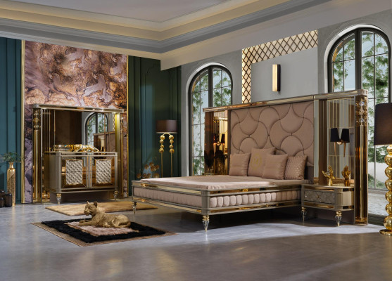 Ensemble de literie de designer Lit double Tables de chevet Commode avec miroir haut de gamme
