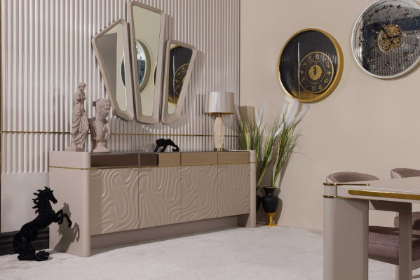Ensemble de salle à manger de luxe Table à manger + 6 chaises Buffet avec 3 miroirs Ensemble de salle à manger.