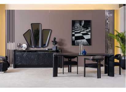Ensemble de salle à manger noir Table à manger 6 chaises Buffet 3 miroirs Ensemble de salle à manger de luxe