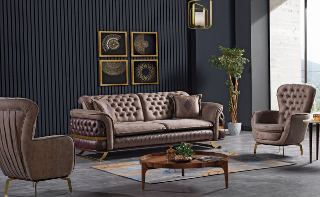 Ensemble de canapé design 3+3+1 places en tissu Chesterfield