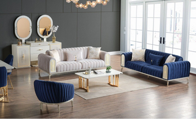 Ensemble de canapés 3+3+1 place Ensemble de salon Canapé complet Fauteuil en tissu Bleu en bois