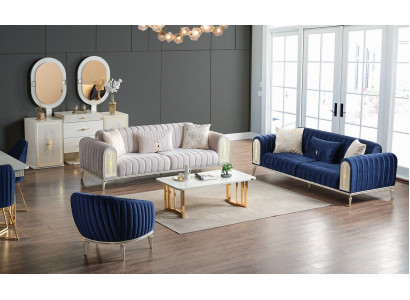 Ensemble de canapés 3+3+1 place Ensemble de salon Canapé complet Fauteuil en tissu Bleu en bois