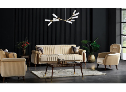 Ensemble de canapé 3+3+1 place Ensemble de salon complet Sofa en textile Fauteuil en bois beige