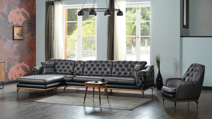 Ensemble de salon noir Ensemble de salon en angle Canapé en forme de L Fauteuil moderne Chesterfield Complet