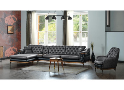 Ensemble de salon noir Ensemble de salon en angle Canapé en forme de L Fauteuil moderne Chesterfield Complet