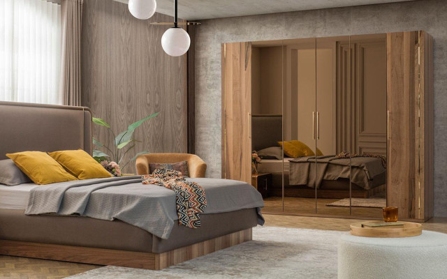 Ensemble de chambre de luxe Lit + 2x Tables de chevet + Armoire en bois complète Moderne nouveau