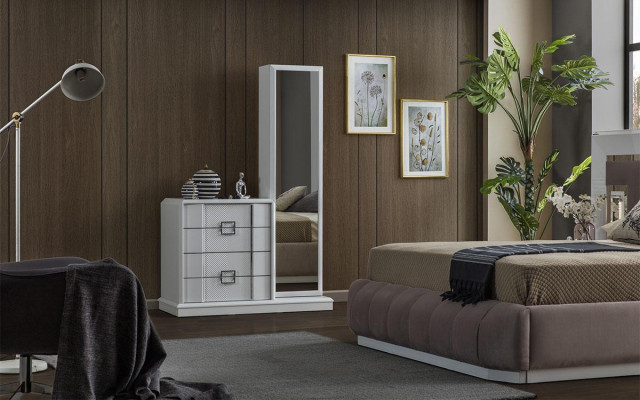 Ensemble chambre moderne Lit + 2 tables de chevet + Commode avec miroir Nouveau de luxe