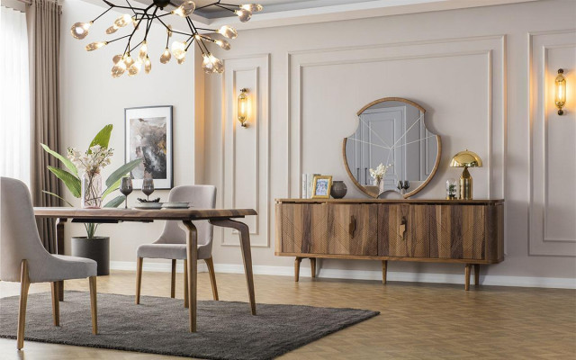 Table à manger + 6 chaises + Buffet + Miroir Ensemble de salle à manger Groupe de tables