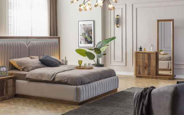 Set de chambre à coucher moderne Lit + 2x Tables de chevet + Commode avec miroir Moderne