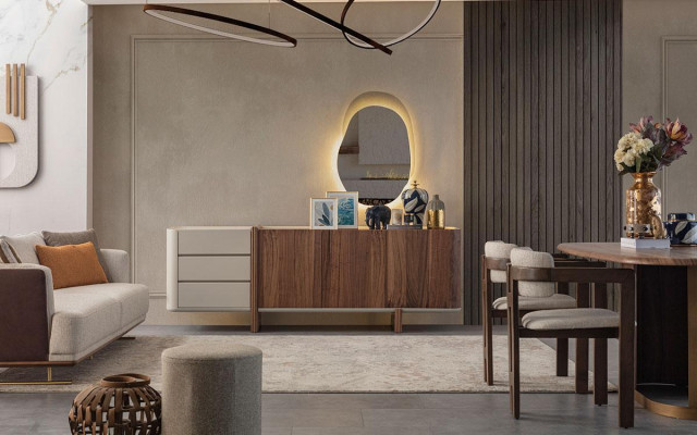 Ensemble de salle à manger luxueux : Table à manger + 6 chaises + Buffet + Miroir 9 pièces Modernes