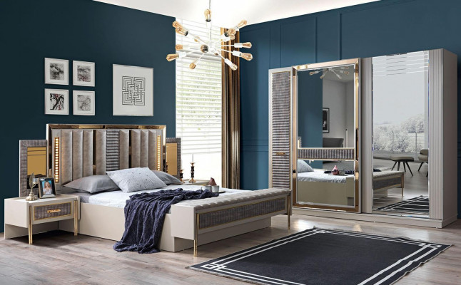 Lit de luxe Table de chevet Armoire Ensemble de chambre à coucher 4 pièces Moderne neuf
