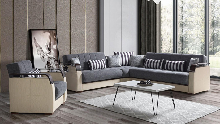 Canapé d'angle en forme de L + Fauteuil gris Ensemble complet de salon 2 pièces. Meubles de luxe