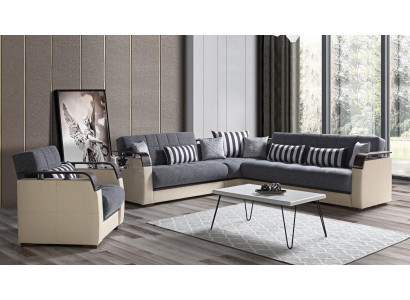 Canapé d'angle en forme de L + Fauteuil gris Ensemble complet de salon 2 pièces. Meubles de luxe