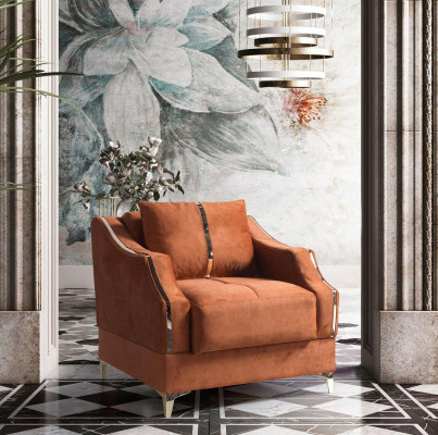 Design Fauteuil de luxe Relax en textile avec accoudoirs en acier inoxydable, siège individuel Lounge Club