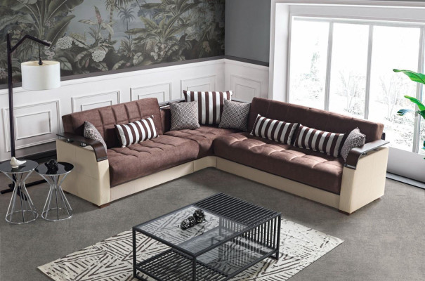 Canapé d'angle en forme de L en beige pour le salon, de luxe, de 315 x 245 cm.