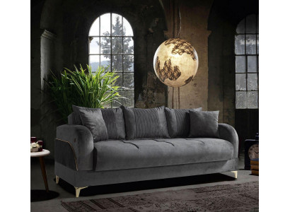 Canapé trois places gris en tissu d'ameublement avec coussins