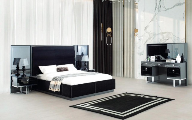 Lit Table de chevet Coiffeuse Ensemble de chambre à coucher 4 pièces Design Moderne de Luxe
