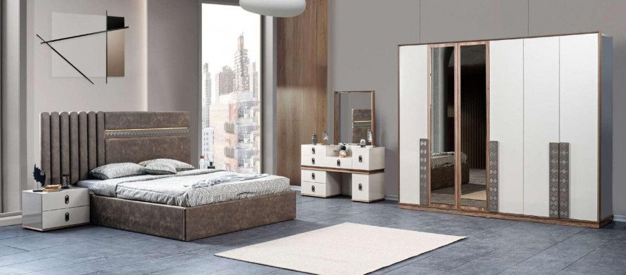 Lit 2x Tables de chevet Coiffeuse avec miroir Ensemble 5 pièces de style italien