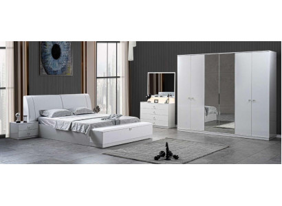 Lit 2x Tables de chevet Chambre Blanc 5 pièces. Meubles de luxe design Bois