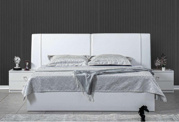 Lit 2x Tables de chevet Chambre Blanc 5 pièces. Meubles de luxe design Bois