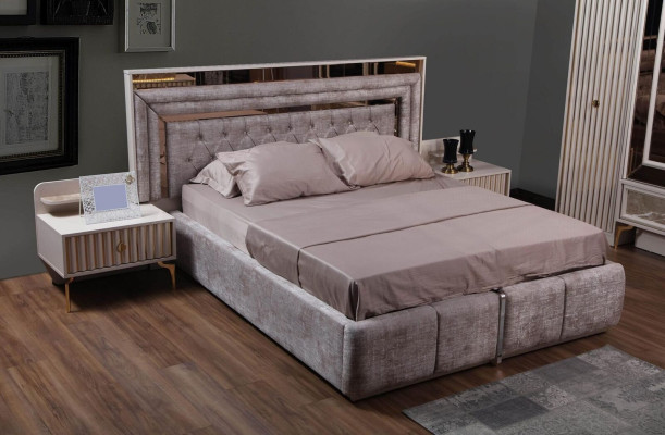 Ensemble de chambre à coucher complet moderne, lit de designer, 2 tables de chevet, 5 pièces.