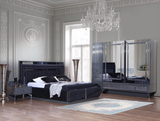 Ensemble de chambre noire Suite de luxe Lit 2x Tables de chevet Armoire