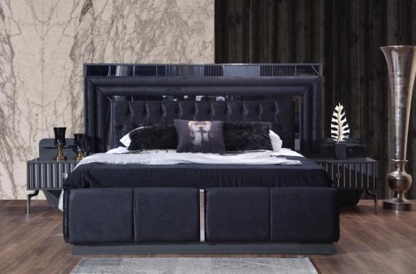 Ensemble de chambre noire Suite de luxe Lit 2x Tables de chevet Armoire