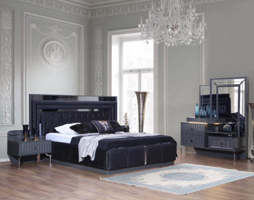 Set de chambre noire Complète de luxe Complet Lit double Tables de chevet 4 pièces