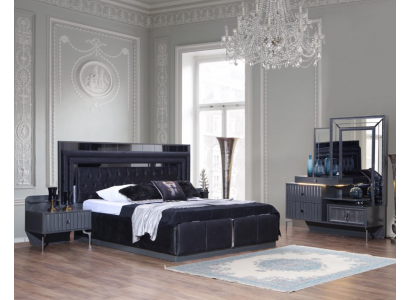 Set de chambre noire Complète de luxe Complet Lit double Tables de chevet 4 pièces